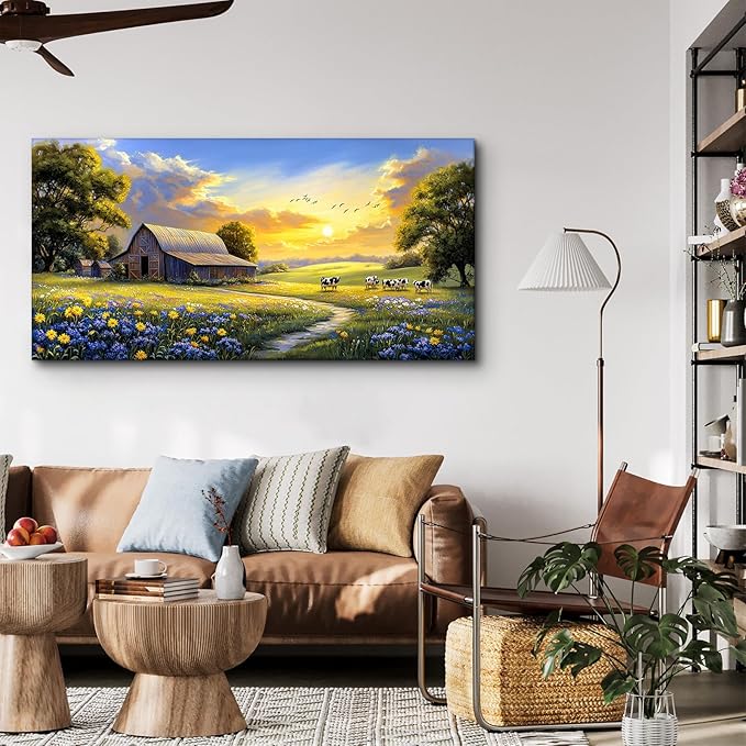 crmotu Rustic Nature Landscape Wall Art, Animal Cow Cottage Large Artwork, Country Meadow Wildflower Canvas Prints, Farm Sunset Aesthetic Pictures Wall Decor Living Room Bedroom Farmhouse 24X48 In