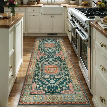 Tangsoo Vintage 2x6 Washable Runner Rug for Hallways,Non-Slip Rubber Backing Mat Yellow Green Multi Geometric Soft Low Pile Long Rug Runner for Kitchen Bedroom Entryway Laundry