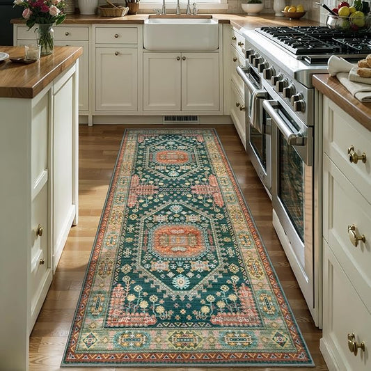 Tangsoo Vintage 2x6 Washable Runner Rug for Hallways,Non-Slip Rubber Backing Mat Yellow Green Multi Geometric Soft Low Pile Long Rug Runner for Kitchen Bedroom Entryway Laundry