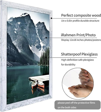 iRahmen 12x18 Picture Frame Set of 2 with Plexiglass, Distressed White Wood Poster Frame for Photo Gallery Wall Mounting Horizontal and Vertical