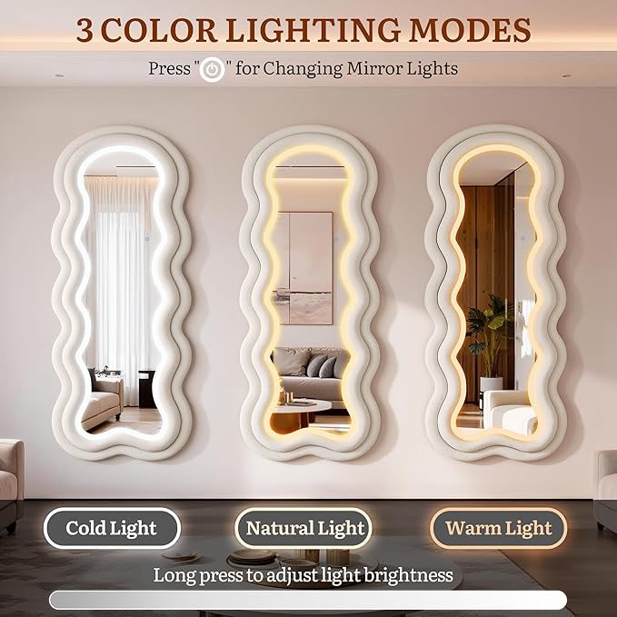 Wavy Wavy Full Length Mirror, 63"×24" Irregular Full Body Mirror with 3-Color Adjustable Light, Luxury Teddy-Velvet Frame Floor/Wall Mounted Mirror for Living Room/Bedroom/Dressing Room