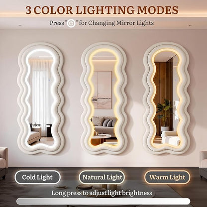 Wavy Wavy Full Length Mirror, 63"×24" Irregular Full Body Mirror with 3-Color Adjustable Light, Luxury Teddy-Velvet Frame Floor/Wall Mounted Mirror for Living Room/Bedroom/Dressing Room