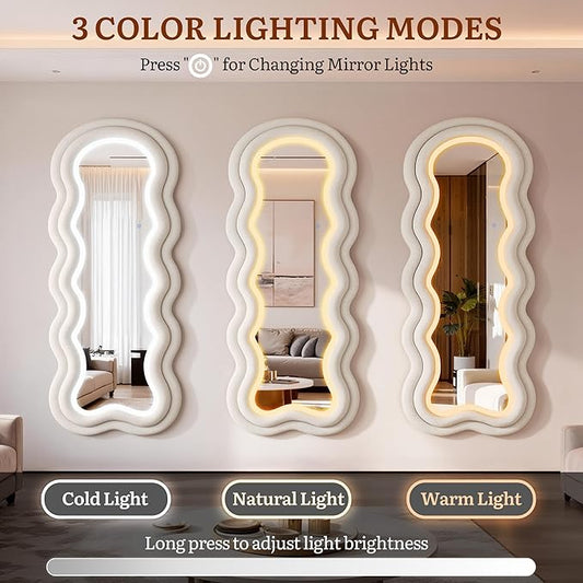 Wavy Wavy Full Length Mirror, 63"×24" Irregular Full Body Mirror with 3-Color Adjustable Light, Luxury Teddy-Velvet Frame Floor/Wall Mounted Mirror for Living Room/Bedroom/Dressing Room