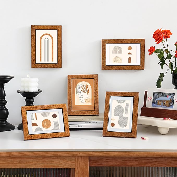 Fixwal 4x6 Picture Frame Set of 5, Vintage Photo Frame, Rustic Retro Picture Frame with Tempered Glass, Decorative Art on Walls and Tabletop Placement