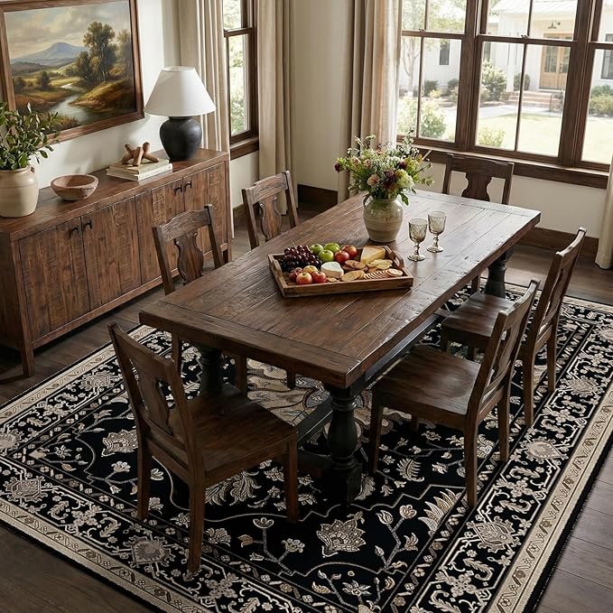 RELEANY Area Rugs 6'x8' Washable Non-Slip, Floral Vintage Distress Print Pattern Medallion Carpet for Living Room Bedroom Dining Room, Black Brown Neutral Dark Tan