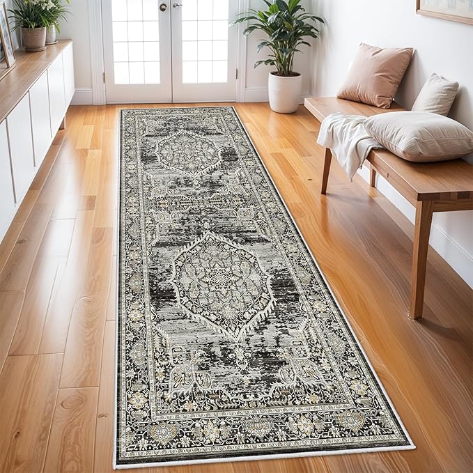 Washable Hallway Runner Rugs 3x8: Soft Ultra Thin Low Pile Carpet Machine Washable Indoor Lightweight Rug Runner Anti Slip Backing Rugs for Living Room Bedroom Kitchen 3'x8' Black