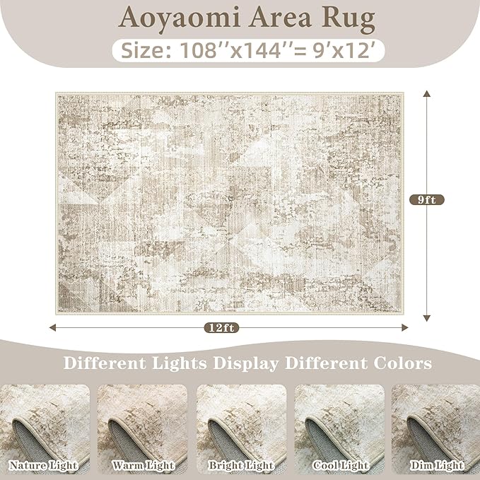 Area Rug for Living Room 9x12: Large Washable Boho Moroccan Rugs Geometric Neutral Rug, Non-Slip Foldable Morden Farmhouse Indoor Floor Carpet for Bedroom Dining Table Home(Neutral Beige, 9'X12')
