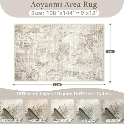Area Rug for Living Room 9x12: Large Washable Boho Moroccan Rugs Geometric Neutral Rug, Non-Slip Foldable Morden Farmhouse Indoor Floor Carpet for Bedroom Dining Table Home(Neutral Beige, 9'X12')
