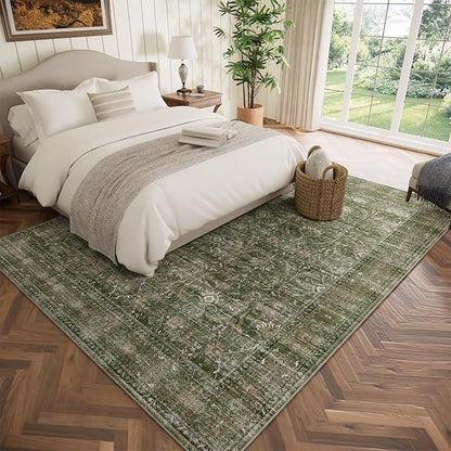 Washable 5x7 Area Rugs for Living Room, Boho Non-Slip Vintage Rugs for Bedroom Dining Room Nursery Office, 0.3" Neutral Oriental Throw Thin Carpet with Cushioning, Grass Green/Multi, D1