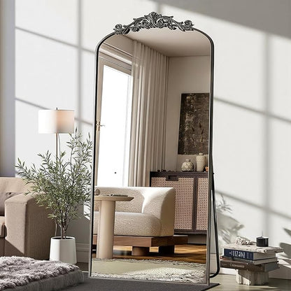 Dewfig Arched Full Length Mirror, 71"x32" Full Body Mirrors with Carved, Floor Mirror for HomeDecor, Standing/Halling Large Wall Mirror for Bedroom, Living Room, Cloakroom, Black, Retro Style