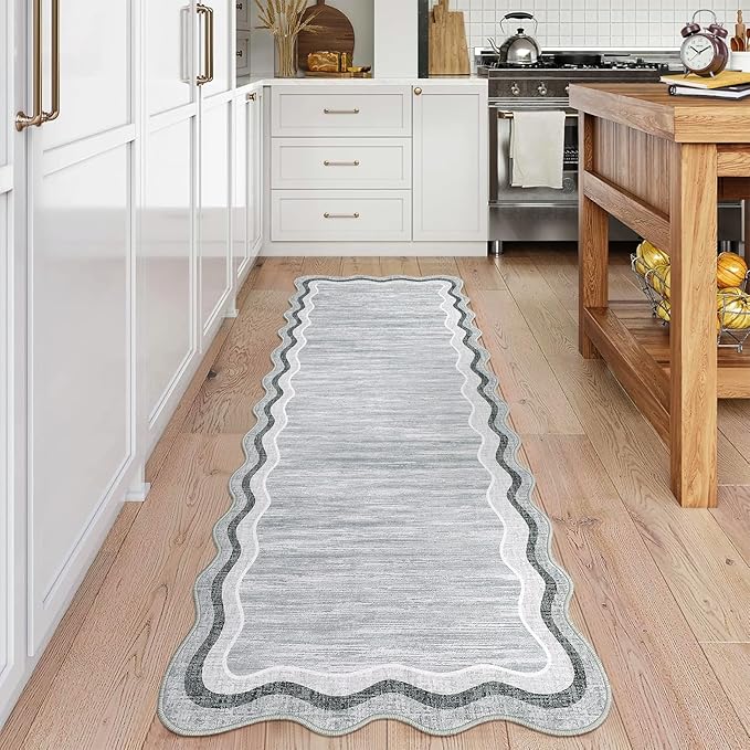 GarveeHome Washable Runner Rug 2x6 Kitchen Hallway Scalloped Rugs Non Skid Stain-Resistant Washable Modern Solid Soft Scalloped Entryway Carpet Runner for Bathroom Laundry Room Bedside(Grey, 2x6)