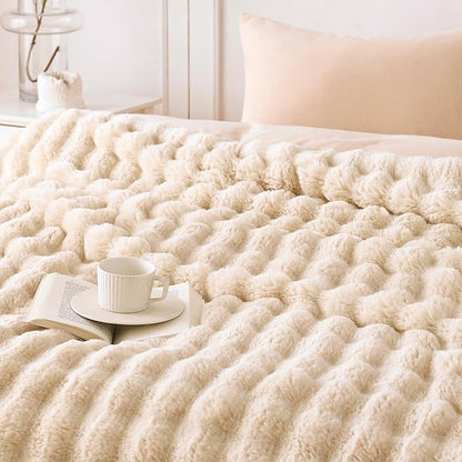 COOVA Faux Fur Throw Blanket for Couch, Cozy Soft and Fuzzy Plush Rabbit Fur Bubble Blanket for Sofa Bedroom Living Room, 50x60 Inches Light Taupe