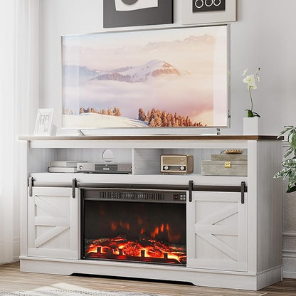 JUMMICO Fireplace TV Stand for 65+ Inch TV with 26'' Fireplace Entertainment Center with Storage Cabinet and Adjustable Shelves Media Console with Sliding Barn Door for Living Room (Milk White)