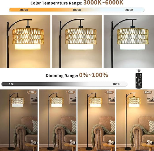ZECOXOL Arc Floor Lamp for Living Room Boho Floor Lamps with Remote Control & with 3 Color Temperatures,Rattan Wicker Standing Lamp Dimmable Tall Floor Lamp for Bedroom Living Room Corner
