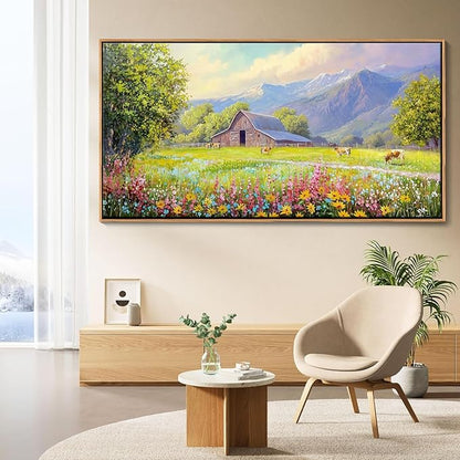 AJAZIKO Rustic Mountain Wall Art - Farmhouse Landscape Wall Decor with Highland Cow & Floral Art - Nature & Country Artwork for Living Room, Bedroom & Walls - Framed Flower Pictures for Home 20x40IN