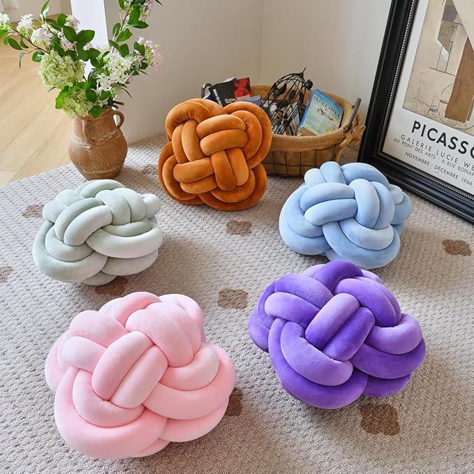 Xuyier Knot Pillow Ball, Decorative Throw Pillows with Velvet Fabric for Couch Bed, 12" Decor Knotted Square Floor Pillow Cushions for Living Room (12 Inches, Dusty Blue)