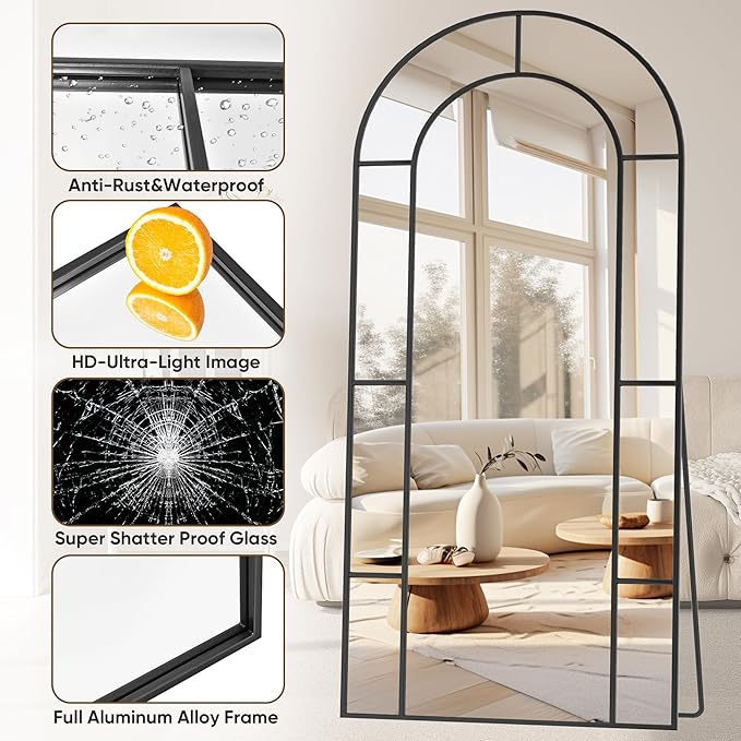 Antok 76" x 34" Full Length Mirror, Floor Mirror Arched Window Decorative Mirror, Metal Framed Decor Farmhouse Floor Mirrors Art Pane Mirrors Wall Decor for Bedroom, Living Room, Entryway Black