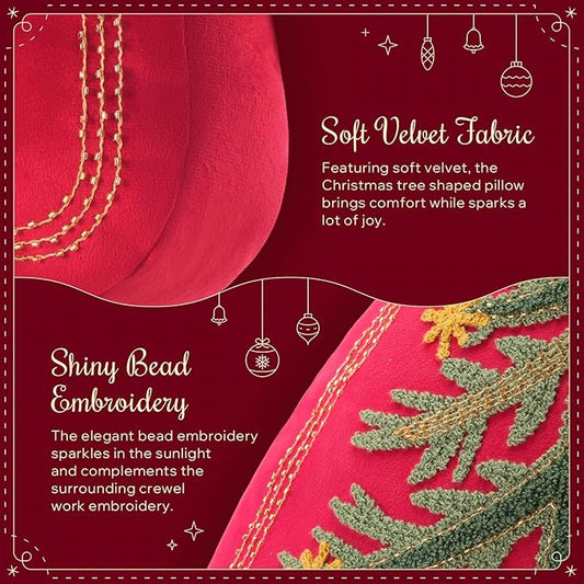 Phantoscope Merry Christmas Tree Decorative Throw Pillow, Velvet Beads Embroidery 3D Shaped Cushion, Suitable for Sofas, Living Rooms, and Beds, Red, 18 x 14 in