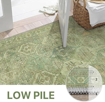 Bavni Washable Rug 6x9 Area Rug for Living Room Bedroom Dining, Washable Vintage Print Carpet, Ultra-Thin Chenille Low Pile Lightweight Rug with Non Slip Backing, Light Green