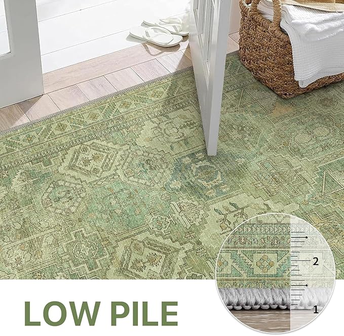 Bavni Washable Rug 8x10 Area Rug for Living Room Bedroom Dining, Washable Vintage Print Carpet, Ultra-Thin Chenille Low Pile Lightweight Rug with Non Slip Backing, Light Green