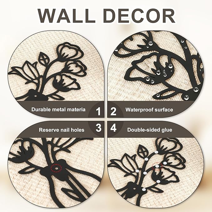 ZOES HOMDECO 4 Pcs Metal Flowers Wall Art Modern Farmhouse Decor Black Bathroom Wall Decor, Housewarming Gifts for Living Room Kitchen Bedroom Dining Room Office