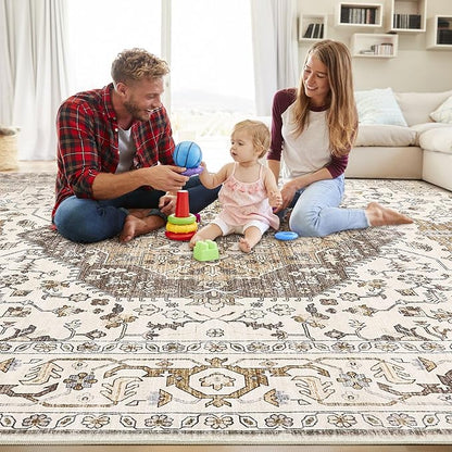 Area Rug for Living Room - 8x10 Soft Washable Oriental Vintage Floral Distressed Large Carpet - Fade Stain Resistant Non Slip Rugs for Bedroom Dining Room Nursery Dorm Office Home Decor-Camel/Beige