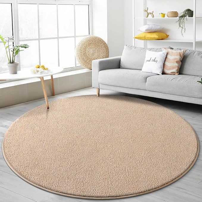 Gifeas Ultra Soft Round Area Rugs for Living Room Bedroom, 5x5 Feet Beige Thickened Memory Foam Modern Indoor Circle Carpets, Non-Slip Comfy Circular Rug for Boys Girls Nursery Room Home Decor