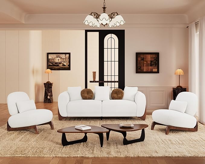 Morden Fort 3 Piece Cloud Couch Set, Modern Sherpa Boucle Sofa Set with Wood Legs, Skin-Friendly Minimalist Upholstered Comfy Couch Sofas for Living Room, 3-Seater Sofa & 2 Chairs, Off White