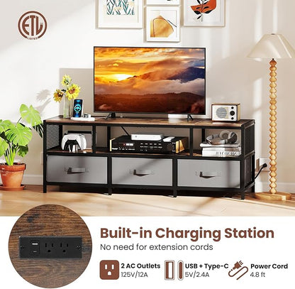 Tangkula Farmhouse TV Stand for TVs up to 65", 3-Tier Entertain Center with Power Outlets USB Charging, Media Console Table with Open Shelf & 3 Fabric Storage Drawers for Living Room (Rustic Brown)