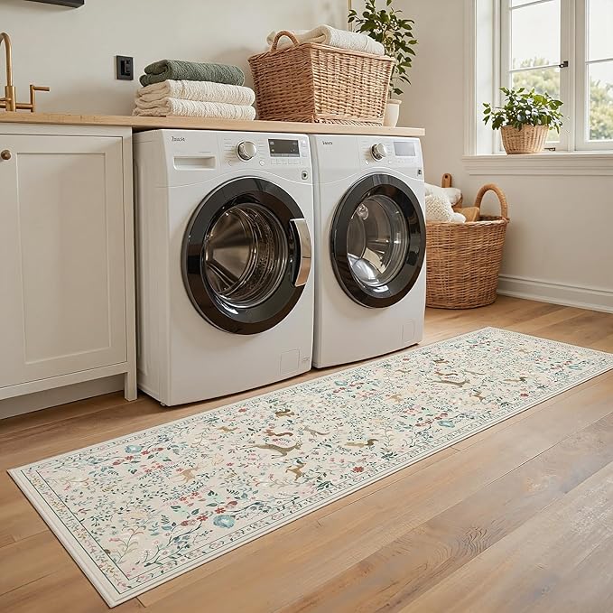 Runner Rug Washable Runners Kitchen Rugs Non Slip Neutral Floral Carpet Low Pile for Indoor Hallways Entryway Living Room Bedroom Laundry Soft Mat 2'6''x8' Beige Animal