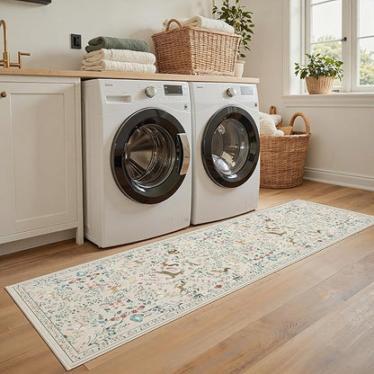 Runner Rug Washable Runners Kitchen Rugs Non Slip Neutral Floral Carpet Low Pile for Indoor Hallways Entryway Living Room Bedroom Laundry Soft Mat 2'6''x8' Beige Animal
