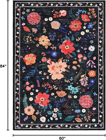 Macgace 5x7 Black Floral Rug for Girls Bedroom, Machine Washable Area Rugs with Non Slip Backingfor Living Room, Cute Flowers Carpet Kitchen Dining Room Kids Playroom Decor