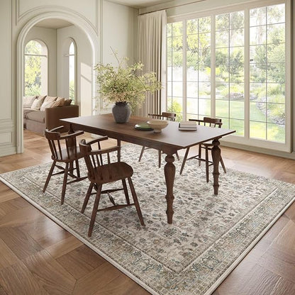 Washable 6x9 Area Rugs for Living Room, Boho Non-Slip Vintage Distress Large Rugs for Bedroom Dining Room Nursery Office, 0.3" Neutral Oriental Throw Thin Carpet, Cream/Blue/Orange/Multi,A2