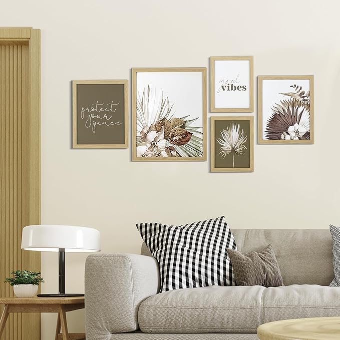 ArtbyHannah Gallery Wall Frame Set, 5 Piece Neutral Picture Frames Collage Set with Art Prints for Stairway Living Room Wall Decor, Multi-Size 11''x14'' 8''x10'' 6''x8''