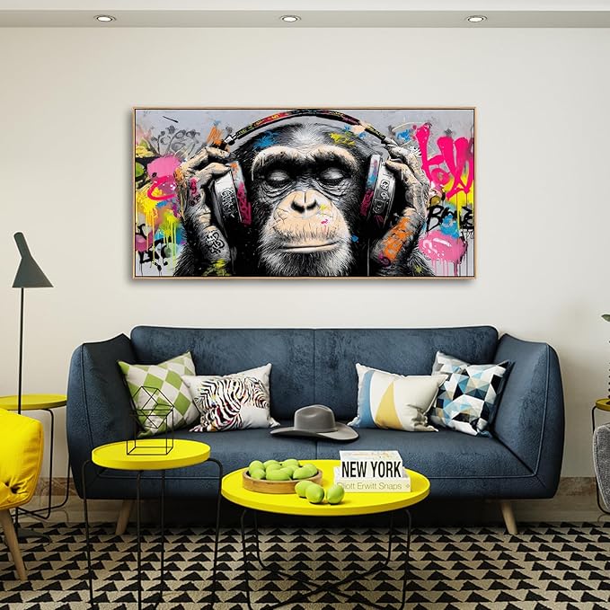Sorbrozo DJ Gorilla with Headphones - Urban Street Graffiti Canvas Wall Art Colorful Animal Painting for Boys Room Music & Hip Hop Wall Decor Modern Home Art Print 24x48in