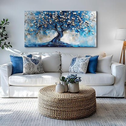 crmotu Tree of Life Large Wall Art for Living Room, Blue Tree Canvas Decor Paintings Abstract Art Prints, Neutral Navy Blue Pictures Wall Decor for Bedroom Bathroom Office Modern Home Decor 29"X57"