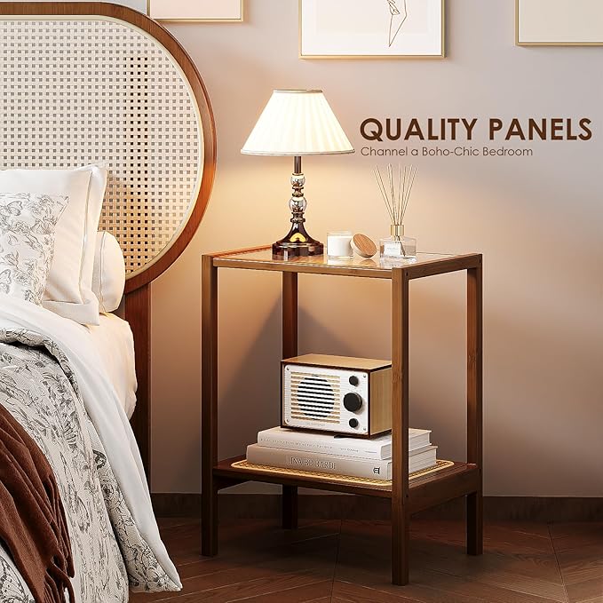 Bamworld Rattan Side Table Living Room Glasstop Night Stand Boho End Table 2-Tier with Storage Mid Century Modern Bedside Table for Small Spaces Narrow Coffee Table Bamboo