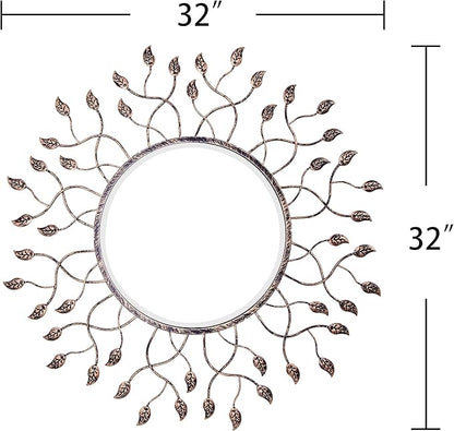 Chende Round Mirror for Dining Room Decor, 32" x 32" Large Mirror for Living Room with Removable Leaves, Beveled Edge and Metal Frame, Decorative Wall Mirror for Entrance Decor