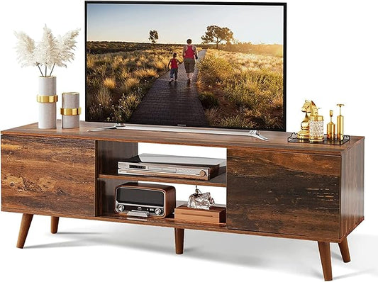WLIVE TV Stand for 55 60 Inch TV, mid Century Modern Entertainment Center with 2 Cabinets Storage & Adjustable Shelf, Media Console Table for Living Room, Bedroom, Media Furniture, Retro Brown