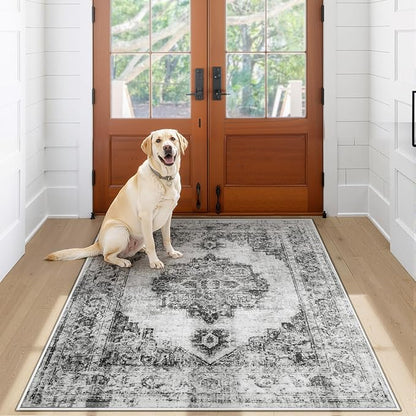 Area Rug 3x5 Vintage Rug: Washable Indoor Medallion Rug Low Pile Distressed Floor Carpet Retro Accent Doormat for Bedroom Bathroom Hallway Kitchen Home Office(Black, 3'x5')
