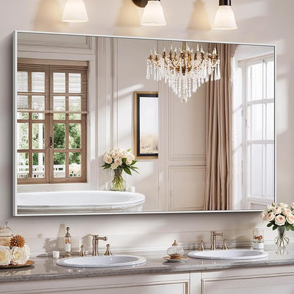 YIROMAN Bathroom Mirror 60"x40", Large Brushed Silver Bathroom Mirror for Over Sink with Aluminum Frame, Rectangular Vanity Mirror with Right Angle, Wall Mirror Hangs Horizontal or Vertical