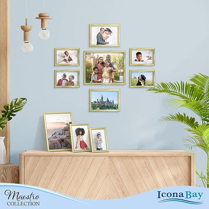 Icona Bay Combination Gold Picture Frames Set - 10 PC (Five 4x6, Three 5x7, Two 8x10), Classy Contemporary Style, Maestro Collection for Wall Gallery