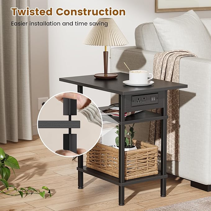 Asgolion Side Table with Charging Station, Skinny Nightstand with USB Ports and Outlets, 3 Tier Narrow End Table with Storage for Bedroom, Living Room, Office, Black