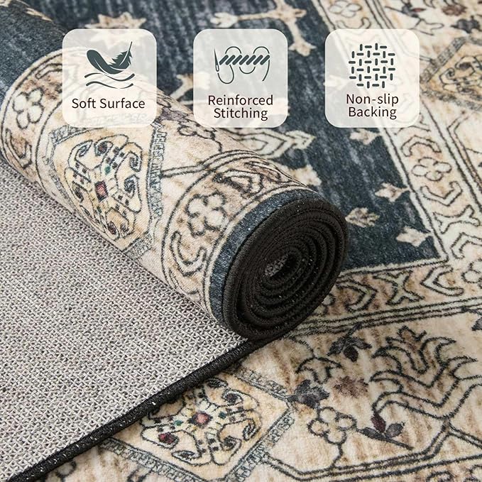 Rugxara 6x9 Area Rugs for Living Room Bedroom, Large Washable Rug, Black Vintage Floral Boho Rug, Non Slip & Low Pile Faux Wool Thin Carpet for Indoor Dining Room, Dorm and Kids Room(Black 6x9ft)