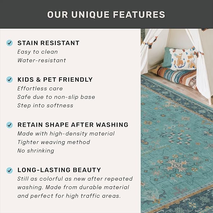 Washable 3x8 Throw Rug for Hallway - Teal Green Rugs for Entryway Indoor, Bedroom Bedside, Mudroom, Boho Eclectic Modern Décor, Non Slip Low Pile Fade Resistant