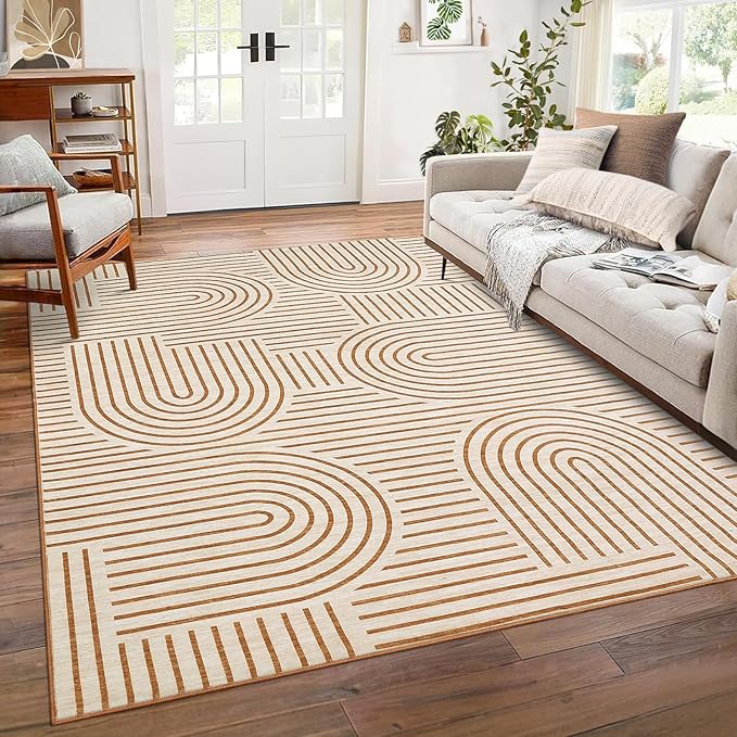 ROYHOME Washable Rug 8x10 Area Rugs for Living Room, Abstract Rug for Bedroom, Soft Rainbow Non Slip Throw Rugs with Rubber, Low Pile Stain Resistant Boho Geometric Carpet for Dining Room, Orange
