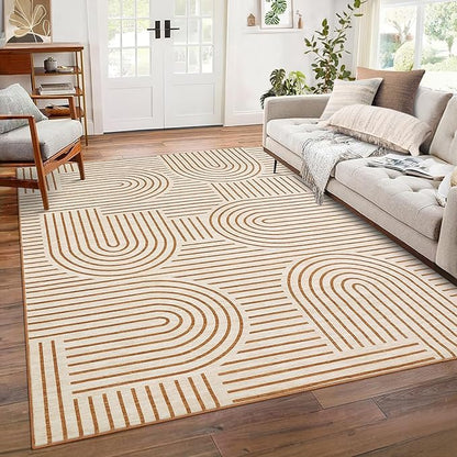 ROYHOME Washable Rug 8x10 Area Rugs for Living Room, Abstract Rug for Bedroom, Soft Rainbow Non Slip Throw Rugs with Rubber, Low Pile Stain Resistant Boho Geometric Carpet for Dining Room, Orange