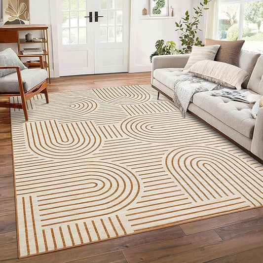 ROYHOME Washable Rug 8x10 Area Rugs for Living Room, Abstract Rug for Bedroom, Soft Rainbow Non Slip Throw Rugs with Rubber, Low Pile Stain Resistant Boho Geometric Carpet for Dining Room, Orange