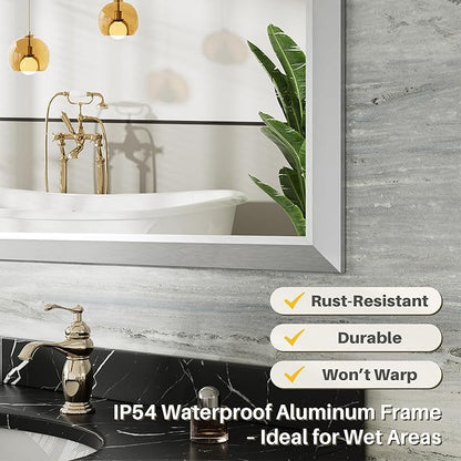 22x30 Inch Brushed Silver Bathroom Mirror for Wall, Thick Metal Framed Rectangle Mirrors for Over Sink, Bedroom, Living Room, Entryway, Anti-Rust, HD Tempered Glass