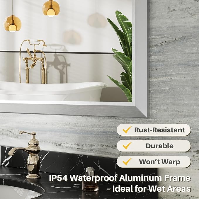 28x36 Inch Brushed Silver Bathroom Mirror for Wall, Thick Metal Framed Rectangle Mirrors for Over Sink, Bedroom, Living Room, Entryway, Anti-Rust, HD Tempered Glass